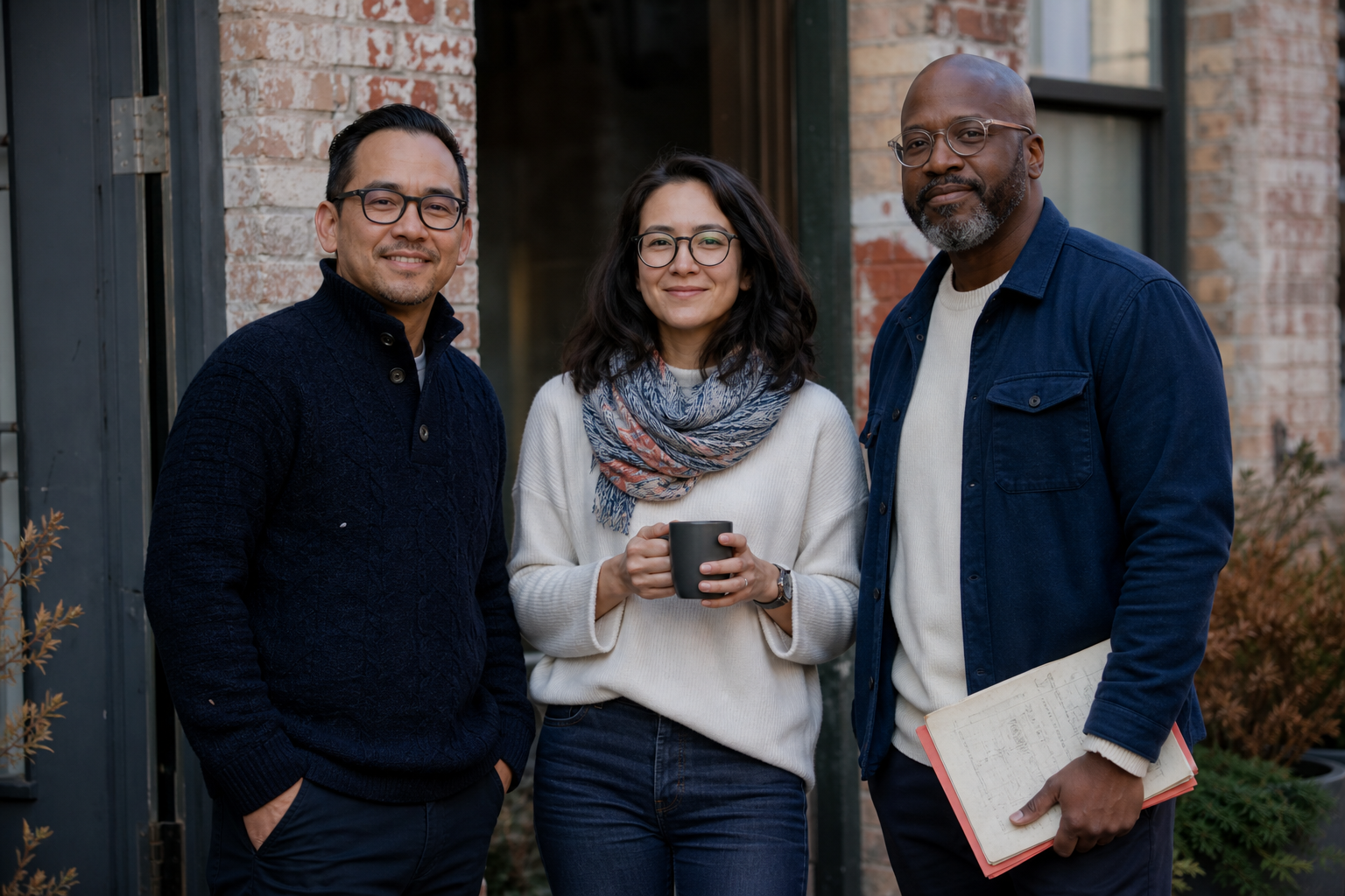 Three Portage Field Notes advisers outside their Minneapolis studio