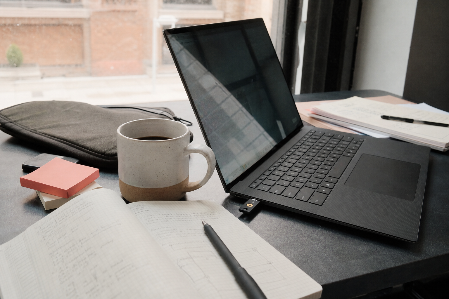 Notebook, security key, and laptop arranged before a maintenance window